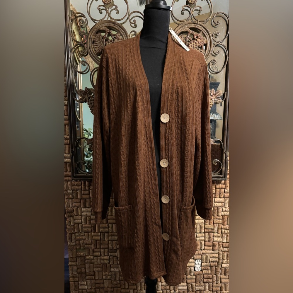 NWT Gorgeous Tobacco Brown Long Light Knit Cardigan Sweater w Large Buttons 2X